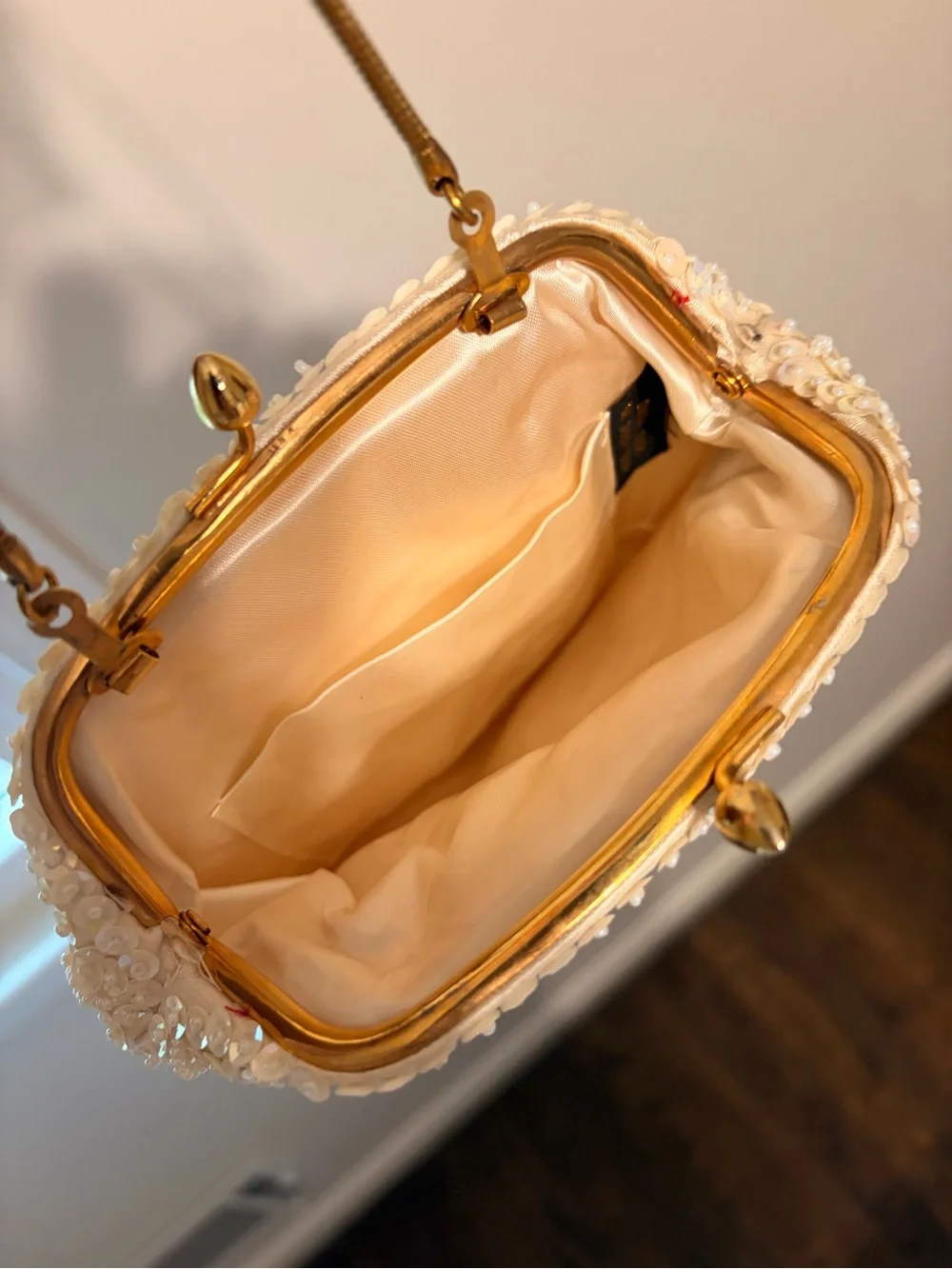 Vintage Bridal Beaded Ivory Evening Clutch with Gold Chain